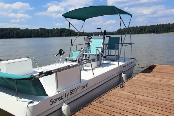 Serenity 550 Fitness - catamaran as big water at quay - portside deck view