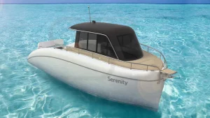 Electric boat Serenity 700 D view to star board bow